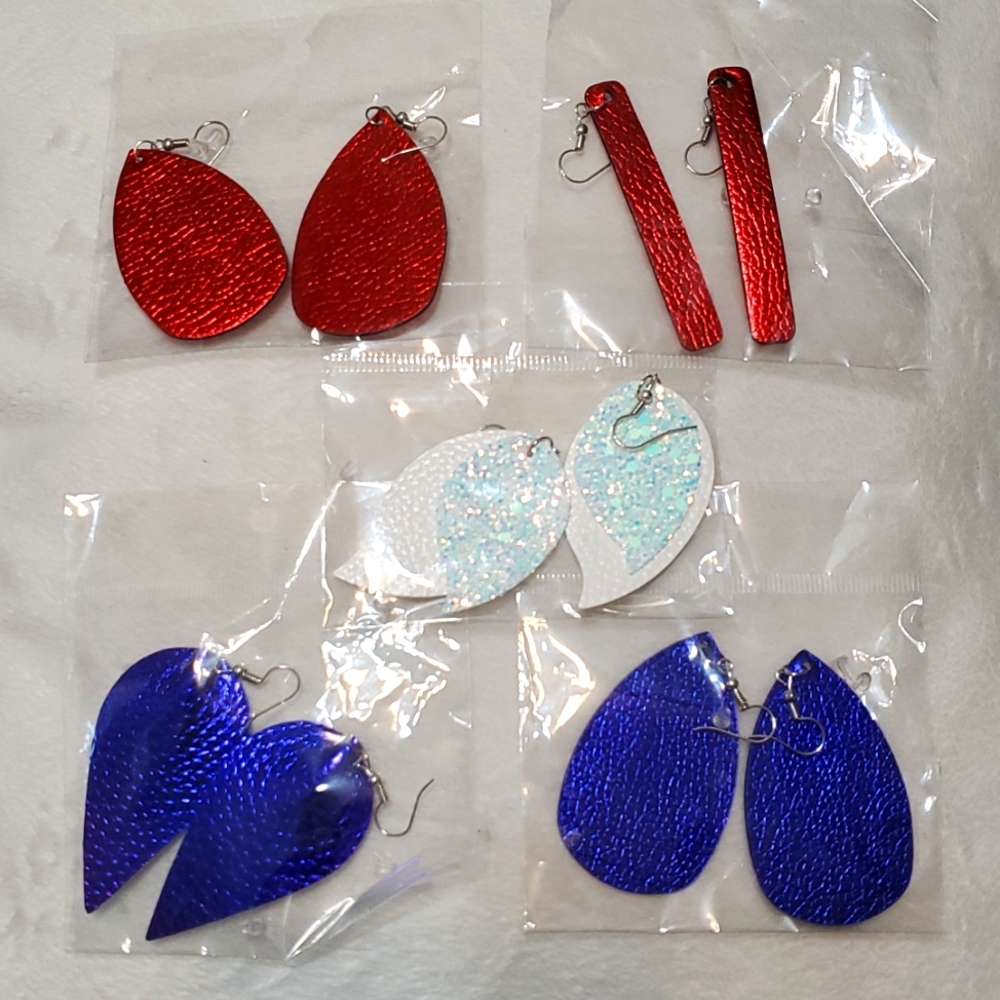 5 Pack of Lightweight Faux Leather Earrings in Red, White & Blue